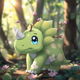 A grass type Pokemon resembling a baby triceratops, with soft, baby blue eyes that convey innocence and curiosity