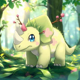 A grass type Pokemon resembling a baby triceratops, with soft, baby blue eyes that convey innocence and curiosity