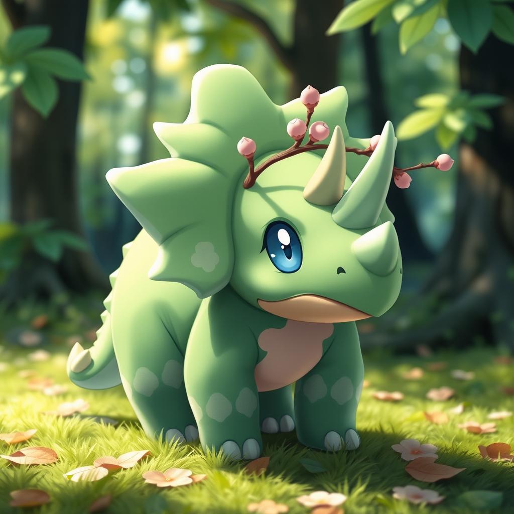 A grass type Pokemon resembling a baby triceratops, with soft, baby blue eyes that convey innocence and curiosity