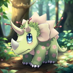 A grass type Pokemon resembling a baby triceratops, with soft, baby blue eyes that convey innocence and curiosity