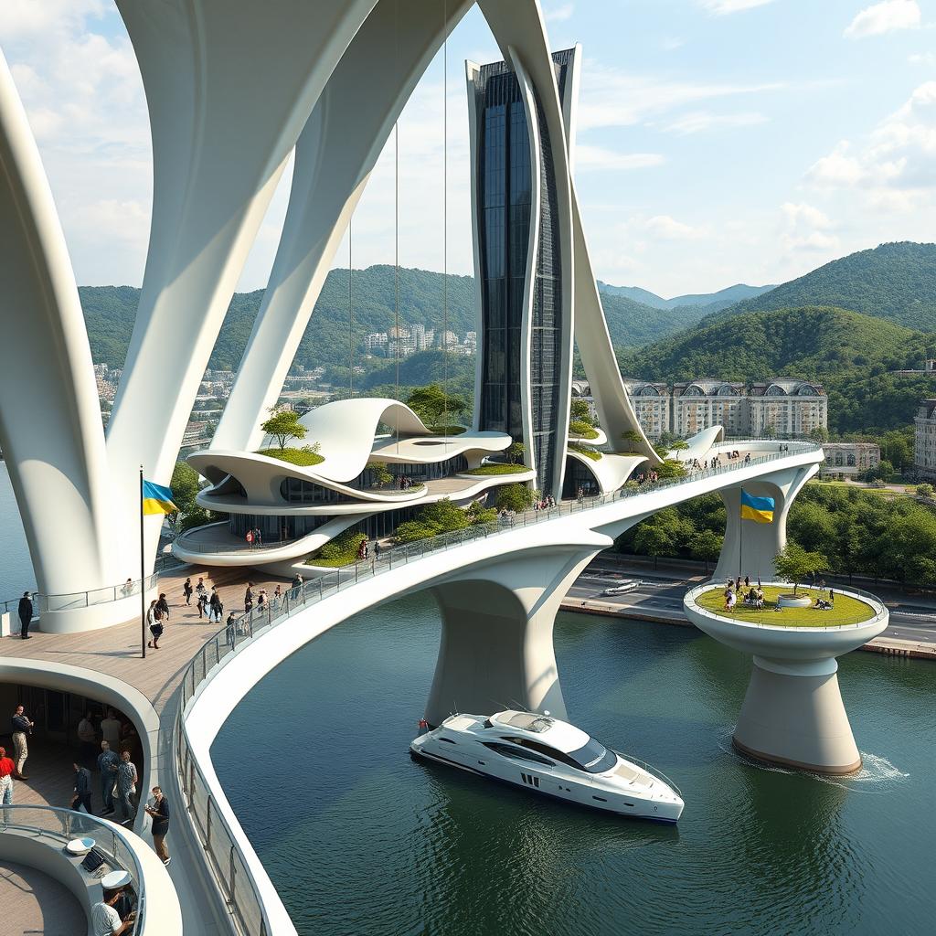 A futuristic cityscape featuring a bridge with high bionic arches