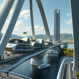 A futuristic cityscape featuring a bridge with high bionic arches