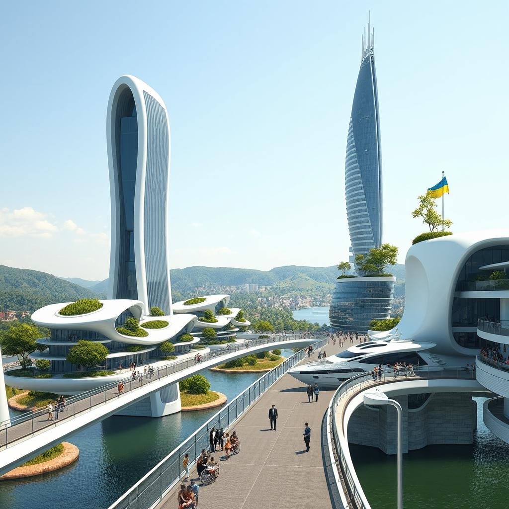 A futuristic cityscape featuring a bridge with high bionic arches