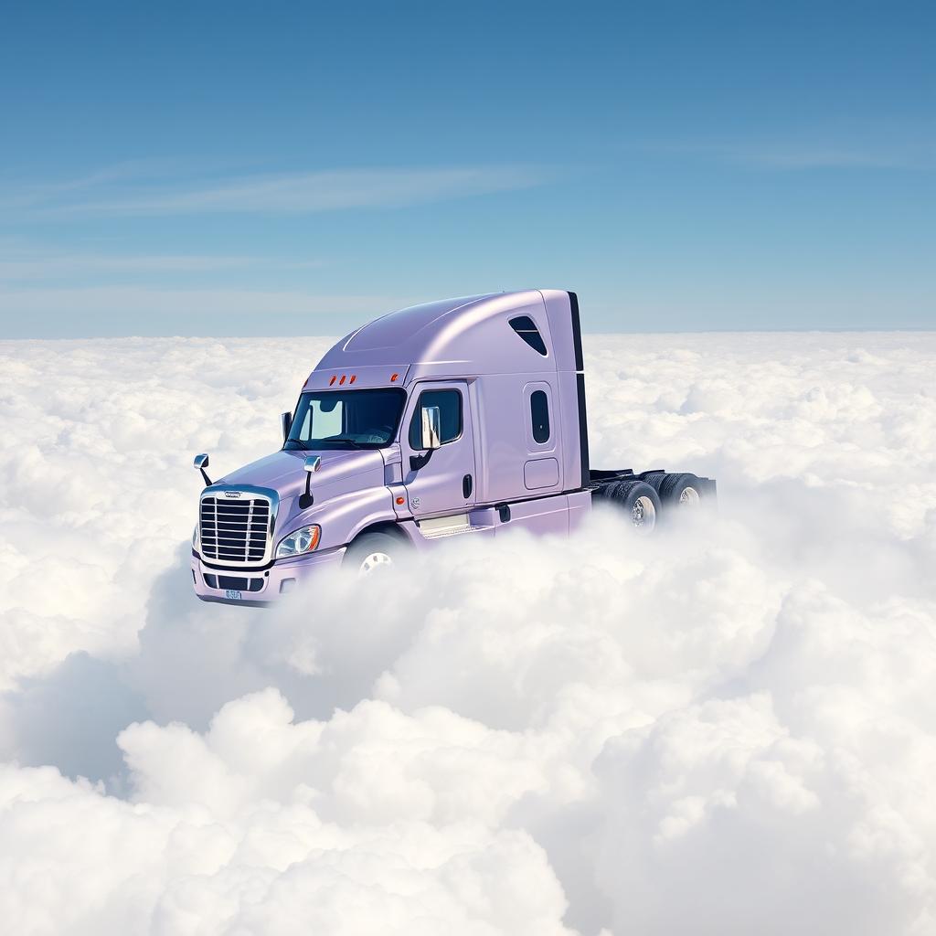 a shiny lavender Freightliner Cascadia soaring above a vast expanse of fluffy white clouds, seemingly supported by the clouds themselves