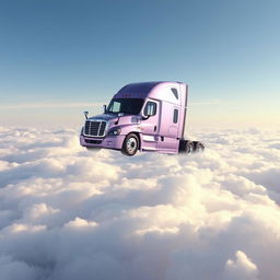 a shiny lavender Freightliner Cascadia soaring above a vast expanse of fluffy white clouds, seemingly supported by the clouds themselves