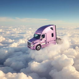 a shiny lavender Freightliner Cascadia soaring above a vast expanse of fluffy white clouds, seemingly supported by the clouds themselves