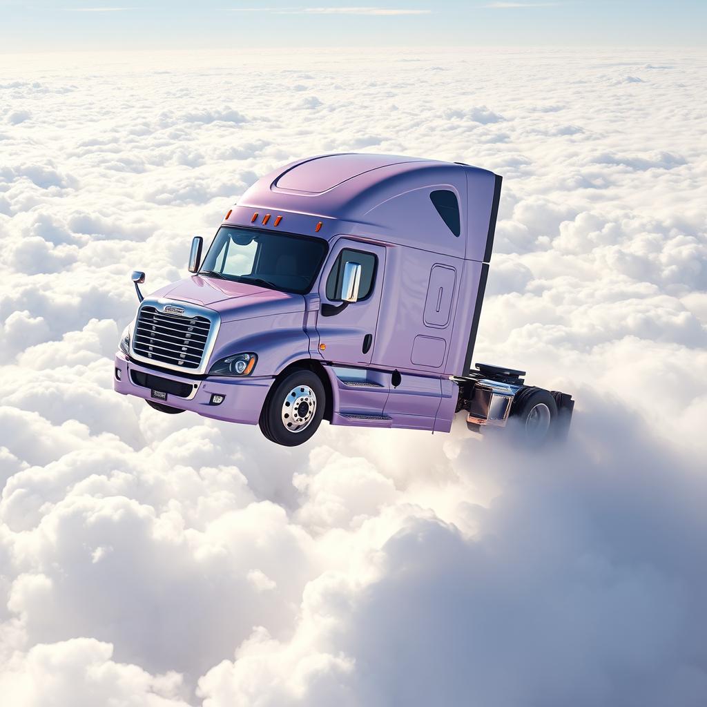 a shiny lavender Freightliner Cascadia soaring above a vast expanse of fluffy white clouds, seemingly supported by the clouds themselves