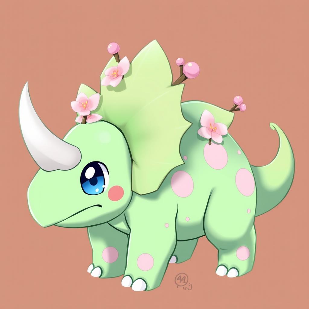 A grass type Pokemon resembling a baby triceratops, featuring baby blue eyes and subtle sakura petal patterns on its body