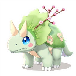 A grass type Pokemon resembling a baby triceratops, featuring baby blue eyes and subtle sakura petal patterns on its body