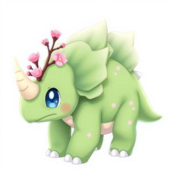 A grass type Pokemon resembling a baby triceratops, featuring baby blue eyes and subtle sakura petal patterns on its body