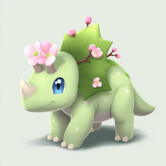 A grass type Pokemon resembling a baby triceratops, featuring baby blue eyes and subtle sakura petal patterns on its body