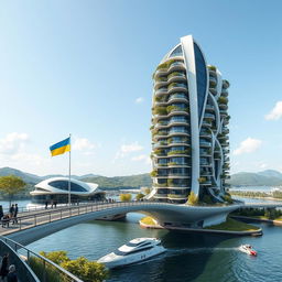 A sweeping vista of a bridge with high bionic arches, supporting horizontal bionic houses with flowing roofs and a tall vertical bionic skyscraper as part of the bridge's structure