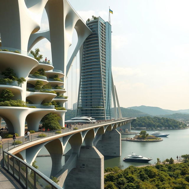 A sweeping vista of a bridge with high bionic arches, supporting horizontal bionic houses with flowing roofs and a tall vertical bionic skyscraper as part of the bridge's structure