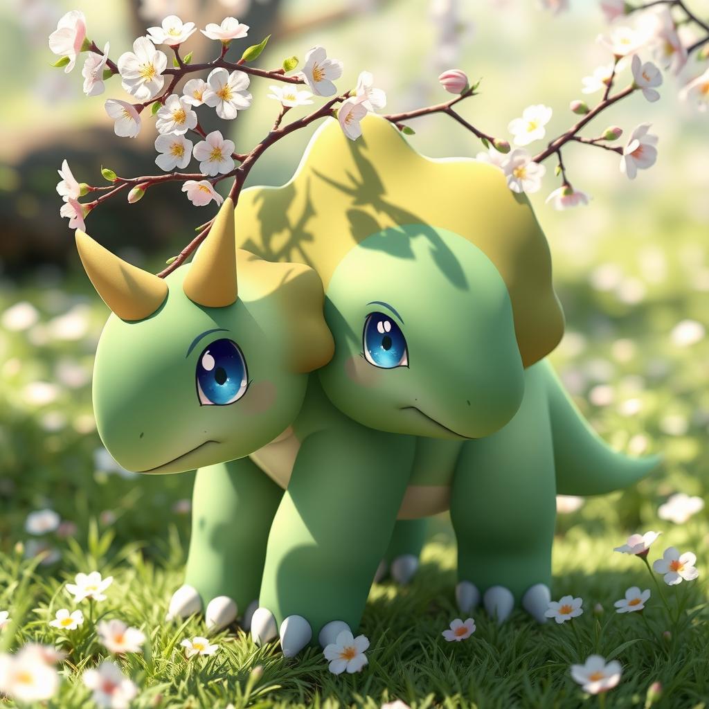 A grass type Pokémon resembling a baby triceratops, featuring delicate baby blue eyes