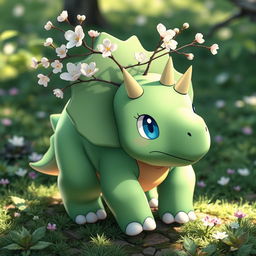 A grass type Pokémon resembling a baby triceratops, featuring delicate baby blue eyes