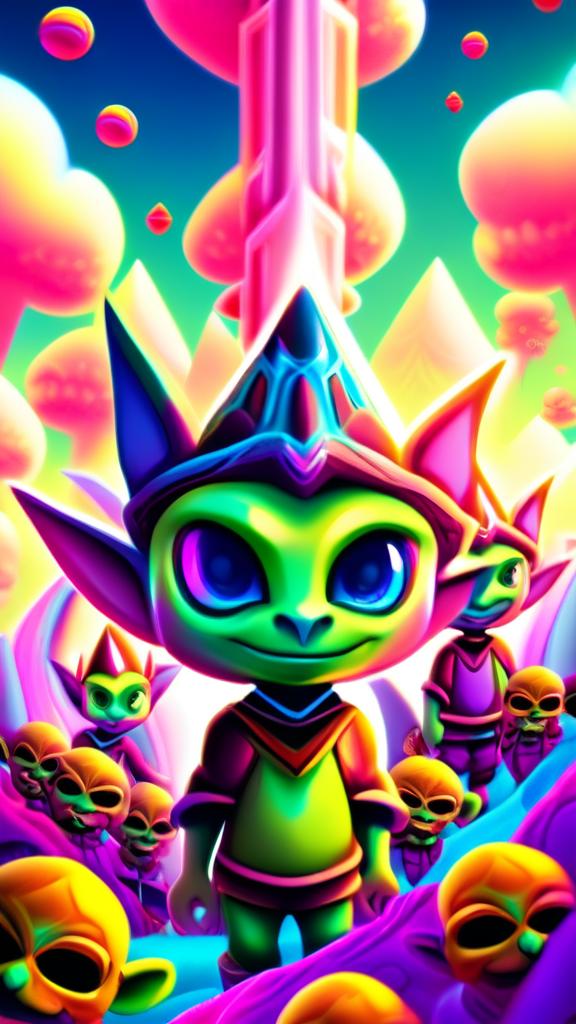 A vibrant DMT-inspired profile picture featuring whimsical goblins in a surreal dreamscape with a kaleidoscopic sky and fractal ground.