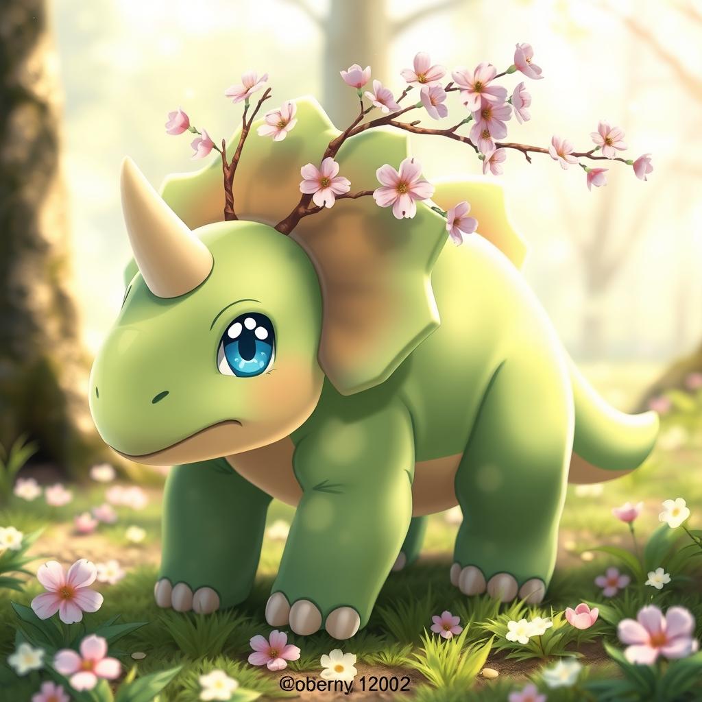 A grass type Pokémon resembling a baby triceratops, featuring delicate baby blue eyes