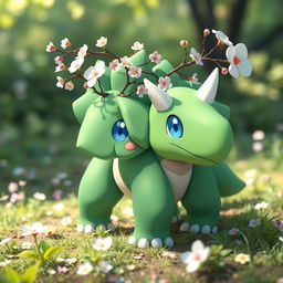 A grass type Pokémon resembling a baby triceratops, featuring delicate baby blue eyes