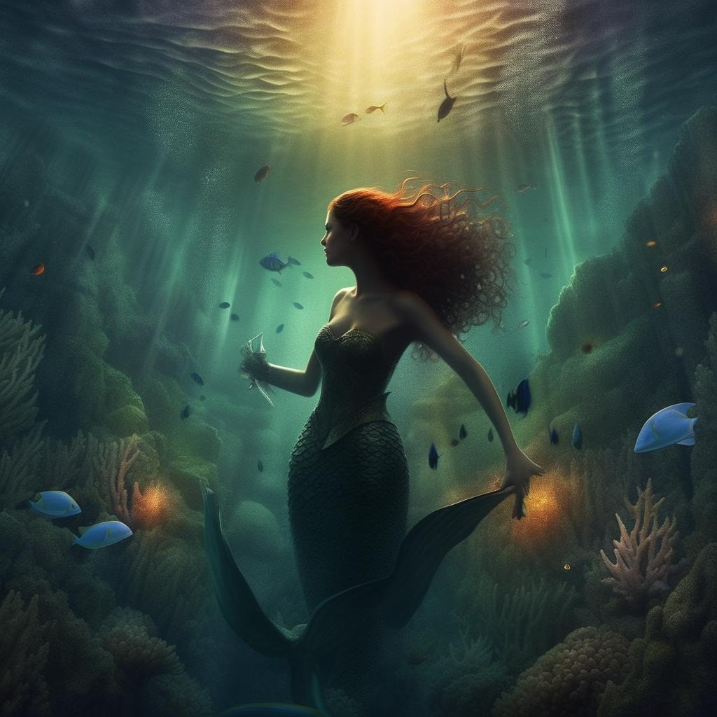 Modify the captivating book cover, adding a mystical underwater landscape at the lower half where elegant mermaids are swimming among the corals and marine life beneath the turbulent ocean surface of the battle scene.