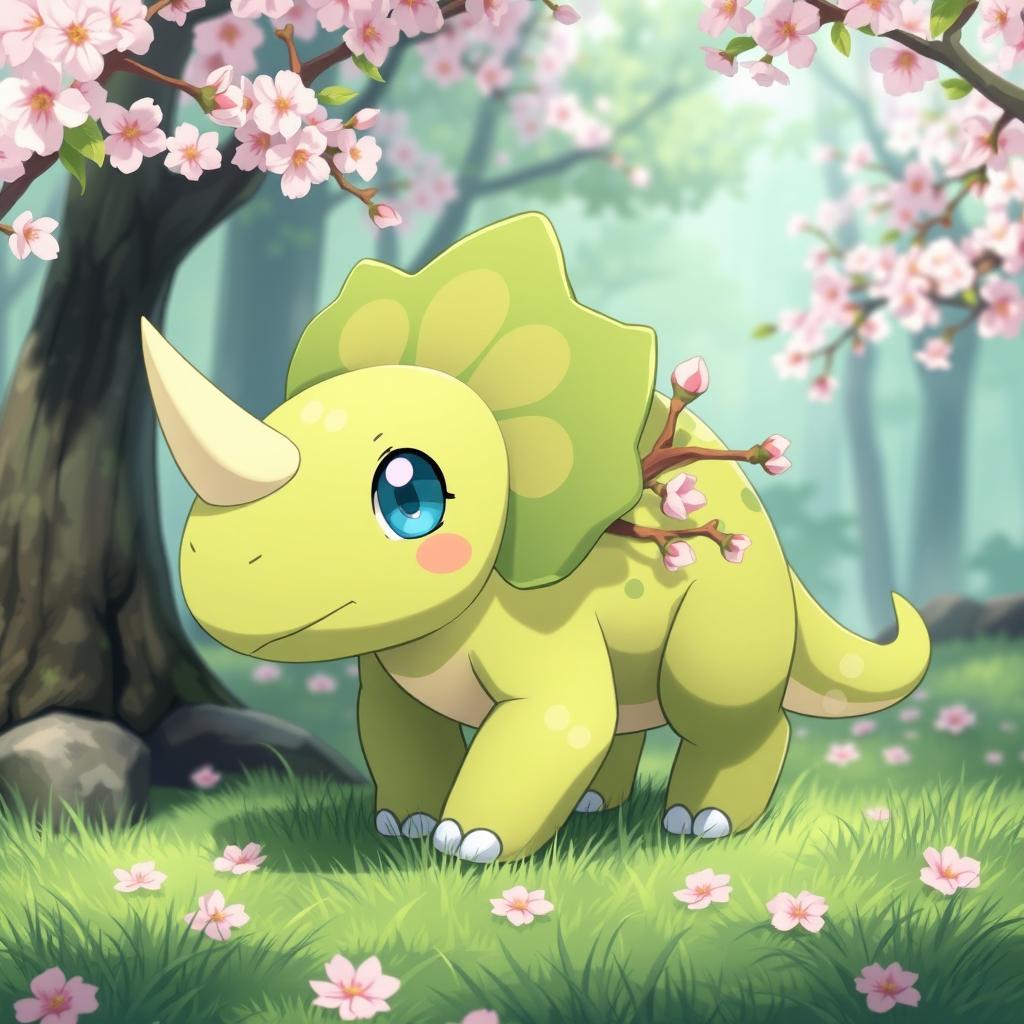 a fictional grass-type Pokémon that resembles a baby triceratops, with baby blue eyes, a body featuring faint sakura petal patterns, and sakura bud branches instead of horns, exuding a playful and gentle demeanor in a lush green forest setting with sakura trees in bloom