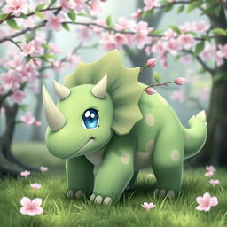 a fictional grass-type Pokémon that resembles a baby triceratops, with baby blue eyes, a body featuring faint sakura petal patterns, and sakura bud branches instead of horns, exuding a playful and gentle demeanor in a lush green forest setting with sakura trees in bloom