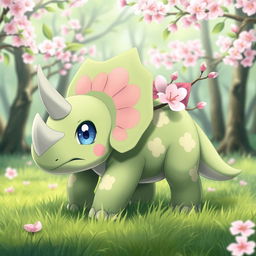 a fictional grass-type Pokémon that resembles a baby triceratops, with baby blue eyes, a body featuring faint sakura petal patterns, and sakura bud branches instead of horns, exuding a playful and gentle demeanor in a lush green forest setting with sakura trees in bloom