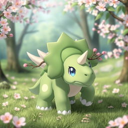 a fictional grass-type Pokémon that resembles a baby triceratops, with baby blue eyes, a body featuring faint sakura petal patterns, and sakura bud branches instead of horns, exuding a playful and gentle demeanor in a lush green forest setting with sakura trees in bloom