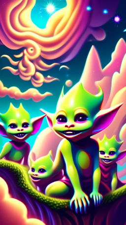 A vibrant DMT-inspired profile picture featuring whimsical goblins in a surreal dreamscape with a kaleidoscopic sky and fractal ground.