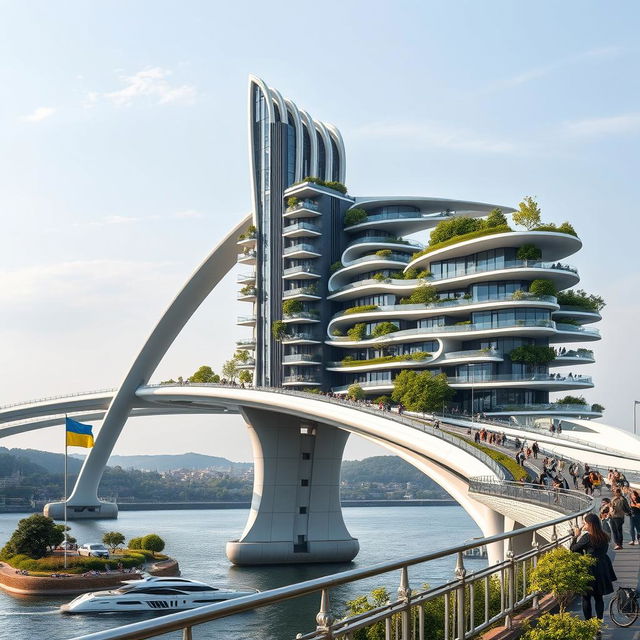 A stunning urban scene showcasing a bridge with high bionic arches