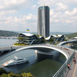 A stunning urban scene showcasing a bridge with high bionic arches