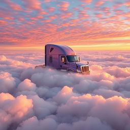 a shiny lavender Freightliner Cascadia soaring high above a thick blanket of clouds, immersed in a sea of fluffy white masses