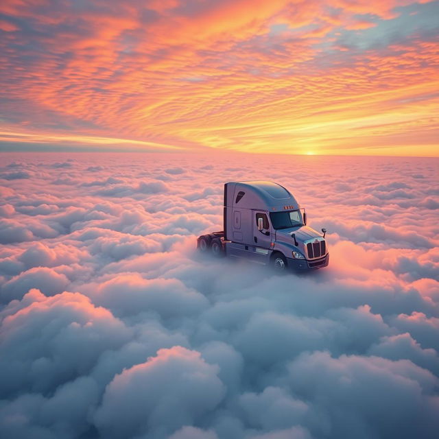 a shiny lavender Freightliner Cascadia soaring high above a thick blanket of clouds, immersed in a sea of fluffy white masses