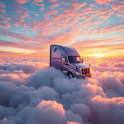 a shiny lavender Freightliner Cascadia soaring high above a thick blanket of clouds, immersed in a sea of fluffy white masses