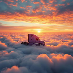 a shiny lavender Freightliner Cascadia soaring high above a thick blanket of clouds, immersed in a sea of fluffy white masses