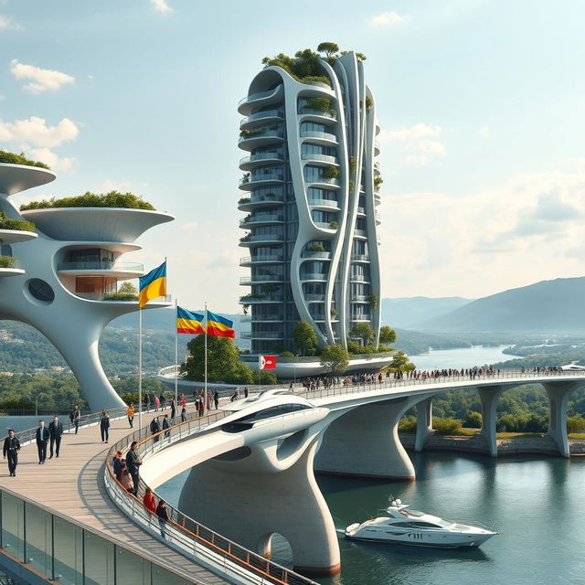 A remarkable scene depicting a bridge with high bionic arches, supporting horizontal bionic houses with flowing roofs and a tall vertical bionic skyscraper integrated into the bridge's structure