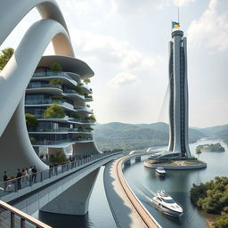 A remarkable scene depicting a bridge with high bionic arches, supporting horizontal bionic houses with flowing roofs and a tall vertical bionic skyscraper integrated into the bridge's structure