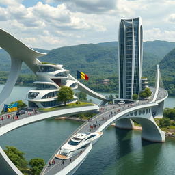 A remarkable scene depicting a bridge with high bionic arches, supporting horizontal bionic houses with flowing roofs and a tall vertical bionic skyscraper integrated into the bridge's structure