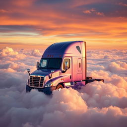 a close-up view of a shiny lavender Freightliner Cascadia nestled amidst a vast sea of fluffy clouds, high in the sky at sunset