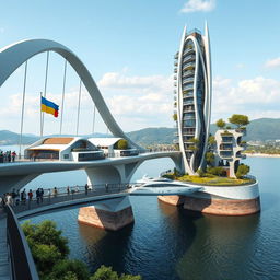 A remarkable scene depicting a bridge with high bionic arches, supporting horizontal bionic houses with flowing roofs and a tall vertical bionic skyscraper integrated into the bridge's structure