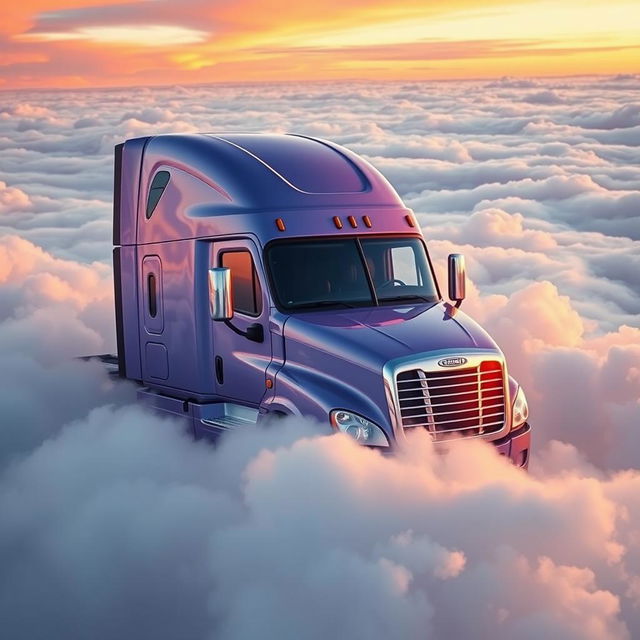 a close-up view of a shiny lavender Freightliner Cascadia nestled amidst a vast sea of fluffy clouds, high in the sky at sunset