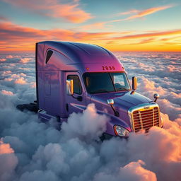 a close-up view of a shiny lavender Freightliner Cascadia nestled amidst a vast sea of fluffy clouds, high in the sky at sunset