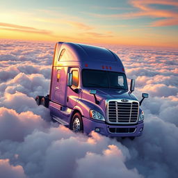 a close-up view of a shiny lavender Freightliner Cascadia nestled amidst a vast sea of fluffy clouds, high in the sky at sunset