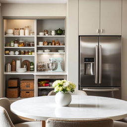 A modern kitchen with an elegant pantry and baker's station next to a large stainless steel refrigerator, all placed behind a contemporary dining table