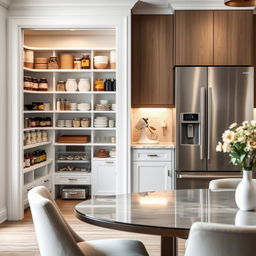 A modern kitchen with an elegant pantry and baker's station next to a large stainless steel refrigerator, all placed behind a contemporary dining table