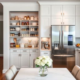 A modern kitchen with an elegant pantry and baker's station next to a large stainless steel refrigerator, all placed behind a contemporary dining table