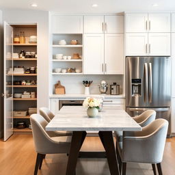 A modern kitchen with an elegant pantry and baker's station next to a large stainless steel refrigerator, all placed behind a contemporary dining table