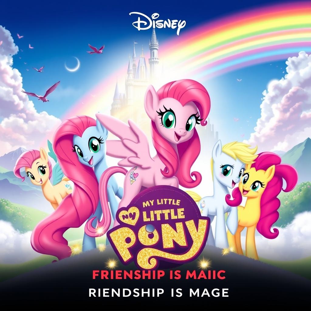 A captivating Disney movie poster for the remake of "My Little Pony: Friendship Is Magic," capturing the whimsical essence of the beloved series