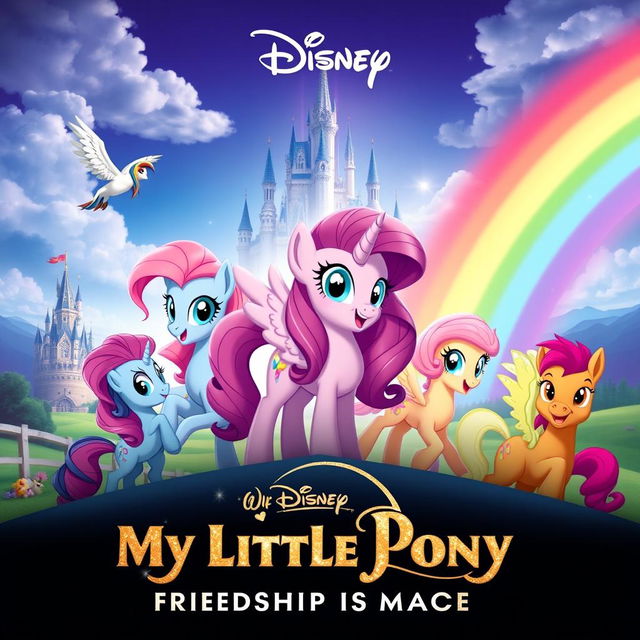 A captivating Disney movie poster for the remake of "My Little Pony: Friendship Is Magic," capturing the whimsical essence of the beloved series