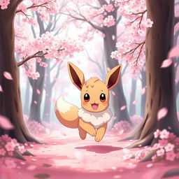 Adorable Eevee playing joyfully in a sakura-filled forest, surrounded by falling cherry blossom petals