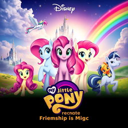 A captivating Disney movie poster for the remake of "My Little Pony: Friendship Is Magic," capturing the whimsical essence of the beloved series